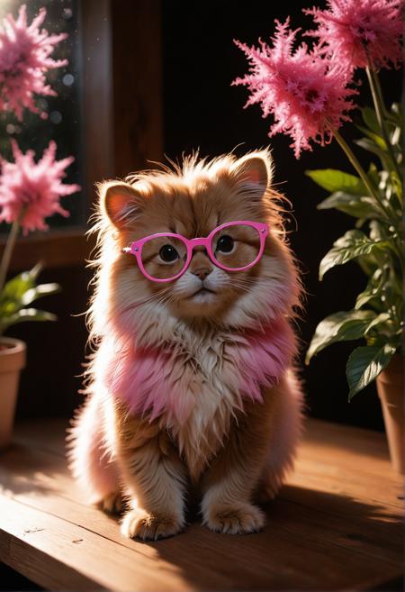 beautiful fluffy animal <lora:light_contour_sdxl:1.0>, plants, futuristic, sparkles, chiaroscuro, wood, subsurface scattering, light smile, glasses, hell, soft lighting, low saturation, beautiful detailed, table, hard shadows, Infrared, simple background, 35mm film, imaginative, milky way, pink
