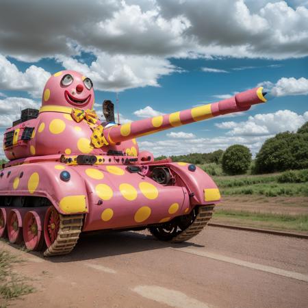 RAW photo, analog style, Mr_Blobby, solo, driving a chieftain tank, in a warzone <lora:Mr_Blobby:0.65>, masterpiece, 8k, highly detailed, ((HDR))