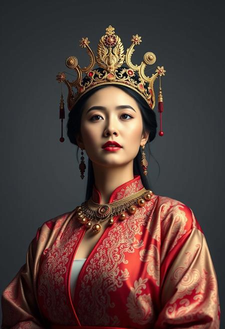very low angle, chinese empress, extremely beautiful, ancient chinese crown, relaxed pose, intricate embroidery robe, jewel collar, red and gold, perfect and natural breast,  masterful photography studio, grey background, golden studio lights, dynamic shadows, dramatic lights