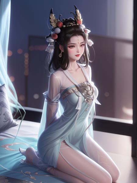 1girl,dress,cityscape,night,mature female,looking at viewer,hair ornament,animal ears,hair ornament,sidelocks,chinese clothes,see-through,pantyhose,gauzy dress,arms behind back,east asian architecture,<lora:changErumengling_20230710213753-000009:0.75>,makeup, forehead jewel, jewelry, sitting, bed,