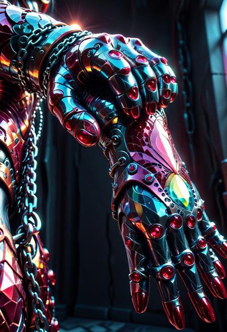 score_9, score_8_up, score_7_up, masterpiece, amazing quality, best quality, very aesthetic, absurdres, very awa, hyper-realistic, ultra-HD, perfect composition, cinematic lighting, volumetric lighting, raytracing, ambient occlusion, extreme close up, 
BREAK
Fractangles, iron gauntlets, ruby inlay, chains,