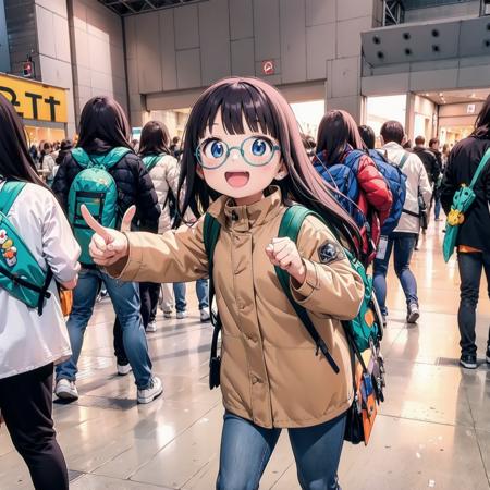 best quality, ultra-detailed, illustration,
1girl, solo, glasses, black hair, long hair, field jacket, jeans, backpack, smile, laughing, pointing at viewer, looking at viewer,
comiket, photo background, scenery, real world location, 6+boys, crowd, indoors
<lora:comiket_SD15_C103:1>