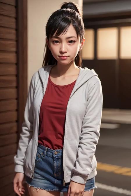 sawamura haruka, ryu ga gotoku, yakuza, solo, long hair, black hair, loose hair, small breasts, red t-shirt, denim skirt, grey hoodie jacket zipped down, hoodie down, brown boots, smile, posing, cute, kawaii, beautiful, in the streets of Kabuchiko, looking at viewer, detailed face, detailed skin, rounded eyes, (((best quality, masterpiece))), (((extremely detailed))), (8k resolution), ((realistic)), RAW photo, cinematic lighting, best quality, 8k uhd, realistic, (unreal engine), <lora:Sawamura Haruka v2:0.7>,