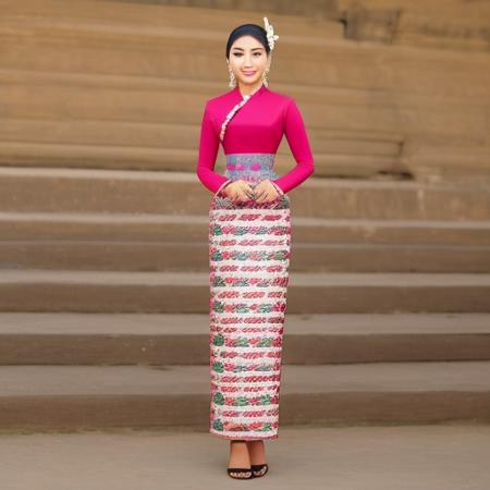 mmTD burmese patterned traditional dress pearl necklaces and gold bracelets black single bun hair with flower holding a cheroot cigar