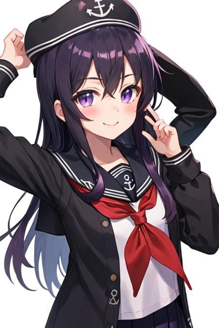 best quality, masterpiece, highres, solo, {akatsuki_kantaicollection:1.15}, long_hair, serafuku, hat, anchor_symbol, purple_eyes, purple_hair, flat_cap, blush, black_hair, hair_between_eyes, 1girl, neckerchief, red_neckerchief, school_uniform, upper_body, looking_at_viewer, sailor_collar, smile, white_background, simple_background