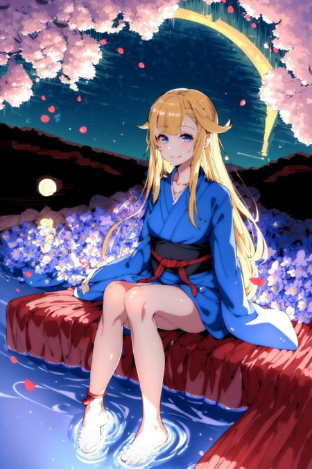 ((masterpiece, best quality)), ((masterpiece,best quality)), (1girl, solo), blonde hair, straight hair, blue eyes, bare legs, cherry blossoms, (night), moon, (dark), shadows, flower, hair ribbon, japanese clothes, kimono, long hair, looking at viewer, smiling, obi, outdoors, sandals, stairs, sitting, statue, torii, tree, thighs, microskirt, barefoot sandals, no panties, facing viewer, <lora:princess charlotte V1.1:1>