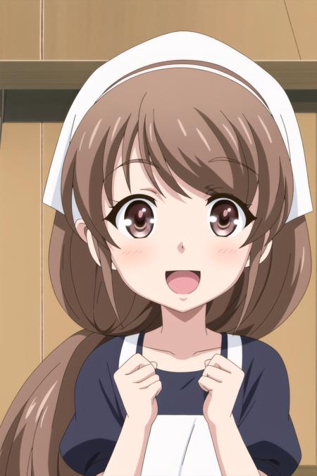 lytt, anime art style, 1girl, solo, long_hair, looking_at_viewer, blush, smile, open_mouth, brown_hair, brown_eyes, short_sleeves, :d, clenched_hands