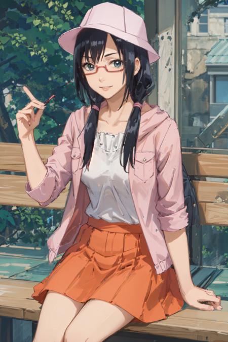 (masterpiece, best quality:1.2), <lora:beelzebub_kunieda-10:0.7>, cowboy shot, solo, 1girl, kunieda aoi \(casual\), smile, closed mouth, sitting in a bench, blue hair, hat, glasses, semi-rimless eyewear, under-rim eyewear, pink jacket, yellow skirt, park