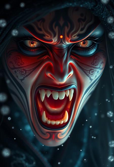 A cinematic extreme close-up of assassinmihq reimagined as a terrifying japanese witch. Her mouth is wide open in a menacing scream, revealing sharp, jagged teeth, as poison Cloud breath escapes into the eerie air. Her translucent skin glows faintly, as if made of magic, with intricate patterns glistening across her face. Her wide, glowing eyes exude both beauty and terror, contrasting with the eerie perfection of her Ethereal form. Backlighting creates a dramatic, atmospheric glow, illuminating the snowflakes swirling in the air and emphasizing the sharp edges of her charming visage. The scene is chilling, intense, and hauntingly beautiful.