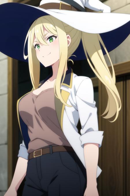 masterpiece, best quality, 1girl, sheilaMnT, blonde hair, long hair, ponytail, witch hat, green eyes, breasts, white jacket, brown shirt, short sleeves, blue pants, long pants, smile.