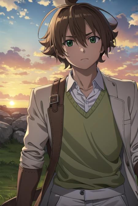 agktatsumi, <lora:agk tatsumi s1-lora-nochekaiser:1>,
tatsumi. brown hair, (green eyes:1.3), male focus, short hair, hair between eyes, ahoge,
BREAK  shirt, white shirt, collared shirt, yellow sweater, long sleeves, pants, black pants, boots, brown boots,
BREAK outdoors, nature, forest, trees, grass, sky, clouds,
BREAK looking at viewer, (cowboy shot:1.5),
BREAK <lyco:GoodHands-beta2:1>, (masterpiece:1.2), best quality, high resolution, unity 8k wallpaper, (illustration:0.8), (beautiful detailed eyes:1.6), extremely detailed face, perfect lighting, extremely detailed CG, (perfect hands, perfect anatomy),