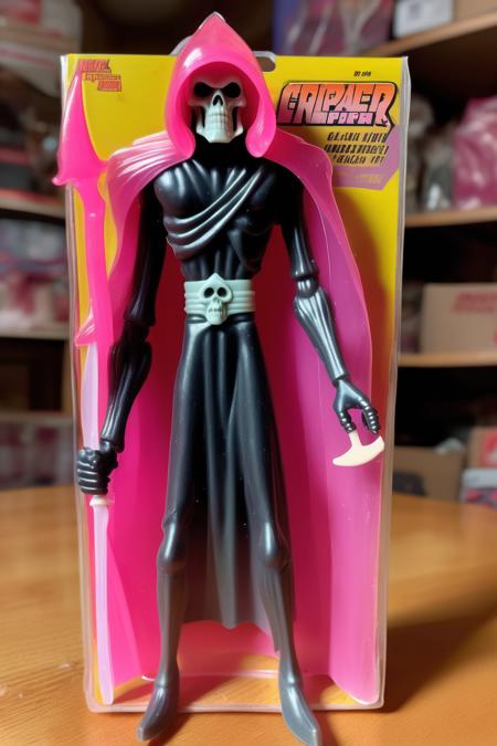 <lora:1987 Action Figure Playset Packaging:1>1987 Action Figure Playset Packaging - a 1970s kenner style grim reaper action figure with pink hair and a translucent cloak and a sickle standing next to its original cardboard packaging