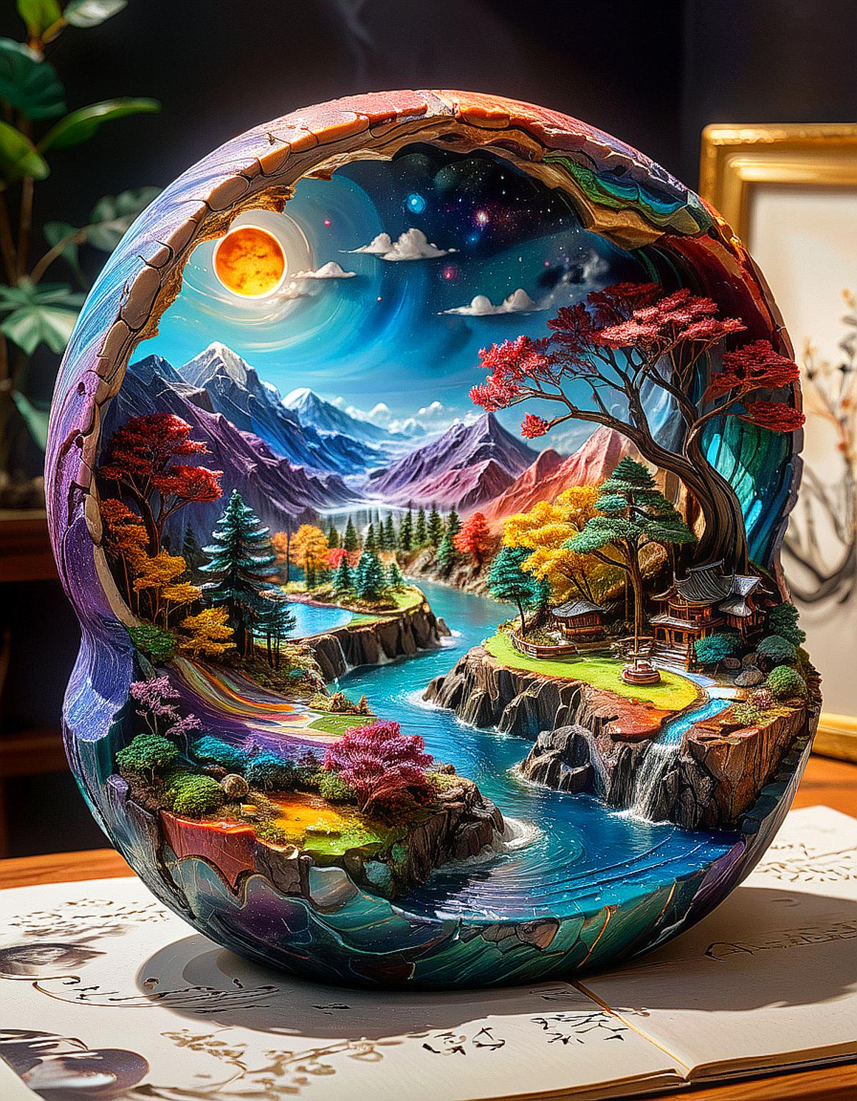 A vase with a painting of a mountain landscape and river, featuring a sun and moon in the sky.