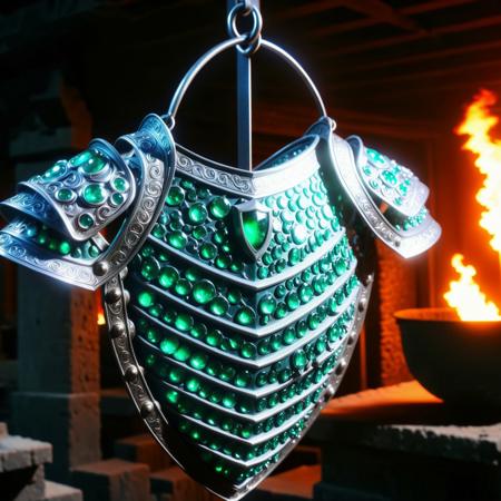 emeraldmorph green metal scale armor hanging in the forge, fire in the furnace, dim lighting, silver crest, cinematic lighting