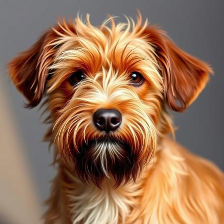 Depict a mixed-breed dog, a cross between a Scottish Terrier and an American Cocker Spaniel. The ears should resemble those of a spaniel, with a wiry coat and a small beard, in a reddish color. The image should be a realistic photograph