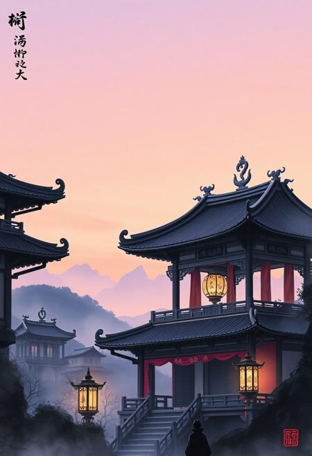 Japanese ink brush art of an ancient pavilion at twilight, with the silhouette of Niulang and Zhinv meeting on Queqiao, pastel hues streaking the sky in soft lavender and peach. Ephemeral light cascades over the rich textures of silk robes and curved rooftops, evoking divine corruption through opulent banners and decaying ornaments.