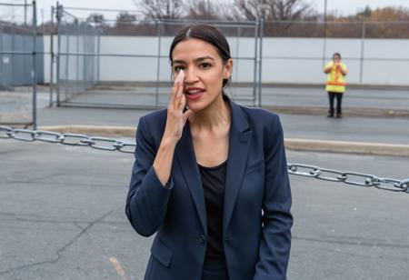 stunning full-body photo of alexandria_ocasio_cortez crying in front of a chain link fence, an empty parking lot in the background, a cameraman visible in the shot,( sobbing:2.0), <lora:alexandria_ocasio_cortez_aoc_sdxl_60:0.75>