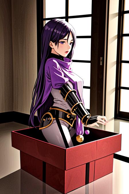 1girl in a gift box,   <lora:yomama_surprise_gift_v5-10:0.8>yomama_surprise_gift_v5 <lora:LCM_LoRA_Weights_SD15:1> indoor, Christmas decoration ,  <lora:fate_minamoto-10:0.8> minamotodef, armor, bodysuit, tabard, ribbed sleeves, black gloves, fingerless gloves,