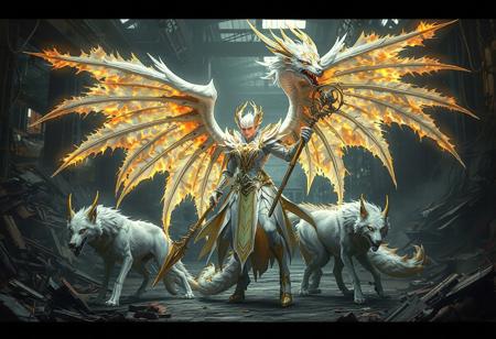 "Create a high-res, 4K concept art of a white and gold omegamon, also known as the Master of Flaming Dragonswords, in the midst of a dynamic transformation. The setting is a junk factory. The character, a male paladin, is part-way through metamorphosis, with dragon wings sprouting from his back. He wields a dragon staff. Accompanying him are winged wolves. The piece should feature vibrant colors, sharp lines, and intricate details. Use Octane Render or Unreal Engine 5 for a polished, cinematic look. Draw inspiration from Raphael, Caravaggio, and Beksinski for a masterful, award-winning composition."
