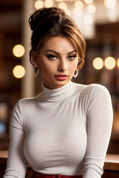 photo of extremely sexy (s0ph1al0ren-140:0.99), a woman as a sexy student, closeup portrait upsweep updo, (white tight long sleeve turtleneck top), at a cantina sitting bar (masterpiece:1.5) (photorealistic:1.1) (bokeh) (best quality) (detailed skin texture pores hairs:1.1) (intricate) (8k) (HDR) (wallpaper) (cinematic lighting) (sharp focus), (eyeliner), (painted lips:1.2), (earrings)