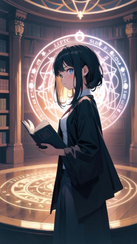 (ultra detailed,ultra high res,detailed background),indoor,library,distant,((magic circle)),(books),dark atmosphere,dark theme,night,dim lighting,from side,BREAK
1girl,(cowboy shot),serious,reading book,looking at viewer,BREAK