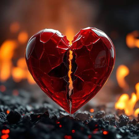 Close-up shot of a red shattered glass heart, bisected along its central axis, revealing a dark, ominous core. Soft, golden light pours down from above, bathing the scene in a warm, ethereal glow. The surrounding environment is a blurred haze of black lava and flames and ash, adding depth and mystery to the composition. The level of detail is meticulous, with each shard of glass and every texture rendered in high definition.