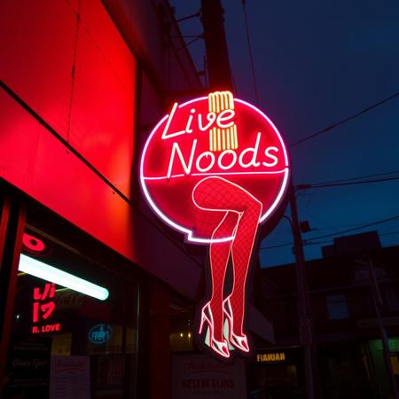 Neon sign at night in the side of a restaurant in a shady neighborhood.  The sign is a bowl of ramen with sexy legs wearing high heels and fishnets, "Live Noods"