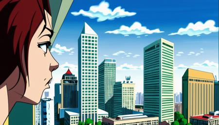 <lora:Boondocks Art Style_v1.0768:1> Boondocks Art Style, drawing, redhead woman on a balcony, city skyscrapers  in the background