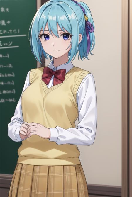 kurumukurono, <lora:kurumu kurono s2-lora-nochekaiser:1>,
kurumu kurono, short hair, blue hair, (purple eyes:1.1), ponytail, ribbon, hair ribbon, hair ornament, smile,
BREAK shirt, white shirt, long sleeves, bow, red bow, sweater vest, yellow sweater vest, skirt, plaid skirt, green skirt, socks,
BREAK indoors, classroom,
BREAK looking at viewer, (cowboy shot:1.5),
BREAK <lyco:GoodHands-beta2:1>, (masterpiece:1.2), best quality, high resolution, unity 8k wallpaper, (illustration:0.8), (beautiful detailed eyes:1.6), extremely detailed face, perfect lighting, extremely detailed CG, (perfect hands, perfect anatomy),