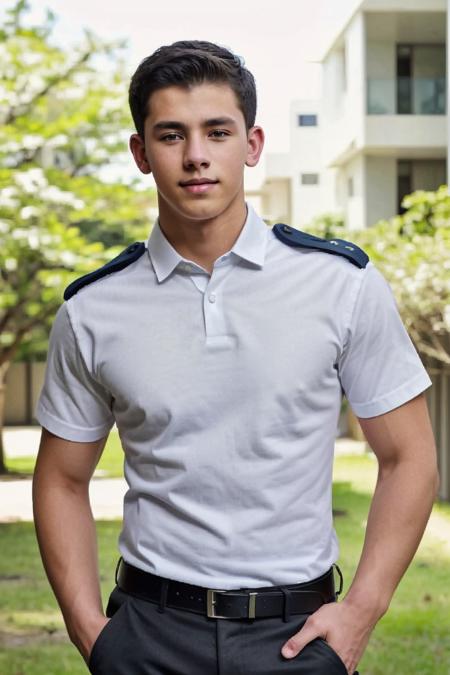realistic, sfw, an attractive 18 years old fit caucasian boy standing, smug, full body shot, police uniform, <lora:danpadillamx_lora:0.7>, danpadillamx,