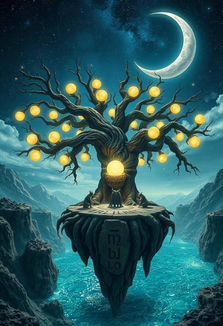 A surreal landscape where a giant, ancient tree with roots that spiral down into a bottomless abyss floats above a shimmering, crystalline lake. The tree’s branches extend into the sky, each one holding a glowing orb that pulses with a soft, ethereal light. Beneath the tree, a group of mystical creatures—half-human, half-animal—gather around a floating stone altar inscribed with runes that glow in sync with the orbs. The scene is illuminated by a sky filled with swirling galaxies and a massive crescent moon that casts a silver light over the entire landscape. The air is filled with floating luminescent particles that dance around, adding a magical touch to the dreamlike atmosphere. The overall composition is intricate, blending the natural and the fantastical in a mesmerizing, otherworldly setting.