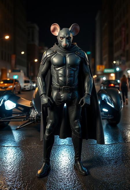 Superhero Ratman, a man wearing a dark gray rubber bulletproof futuristic and cape bodysuit posing next to his awesome futuristic Ratmobile, upper face covered with rat resembling rubber mask, Ratham city in the night, wet asphalt, dramatic light