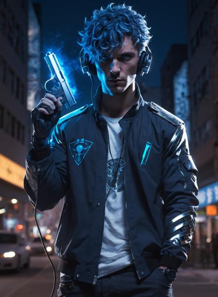 anime drawing of a male,short_hair,blue_hair,headphones,gakuran,jacket,silver_eyes,summoning_pose,cool,detached,protagonist,urban_fantasy,dark_theme,silver glowing gun,