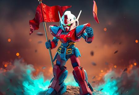 A Cyber Magician robot, predominantly red and blue, stands proudly on a Chaos Field, holding a flag and sword. The image features a detailed, high-resolution, 4K view of the robot's full body in an isometric dynamic action pose. The Cyber Magician robot's head is white with a red visor, its body is painted in a vibrant shade of red with a yellow and black striped pattern, and its arms and legs are blue. The robot's position and the relative positions of the flag and sword in its hands suggest a readiness for adventure. The image contains harmonious colors, stunning matte painting, and captivating lighting, showcasing the robot's intricate details, sharp lines, and brush strokes. This image is trending on Artstation and is an example of a golden ratio in contemporary aesthetics, with vivid emotions, a powerful message, and beautiful detailed eyes.