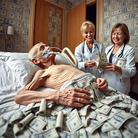 a picture from side point of view of a very skinny old man laying on hospital bed with life support attached to his mouth, piles of dollar around the body, a greedy female doctor smiling and standing next to him with handful of dollar, walls and door and pillows and bedsheet made up of dollar bill