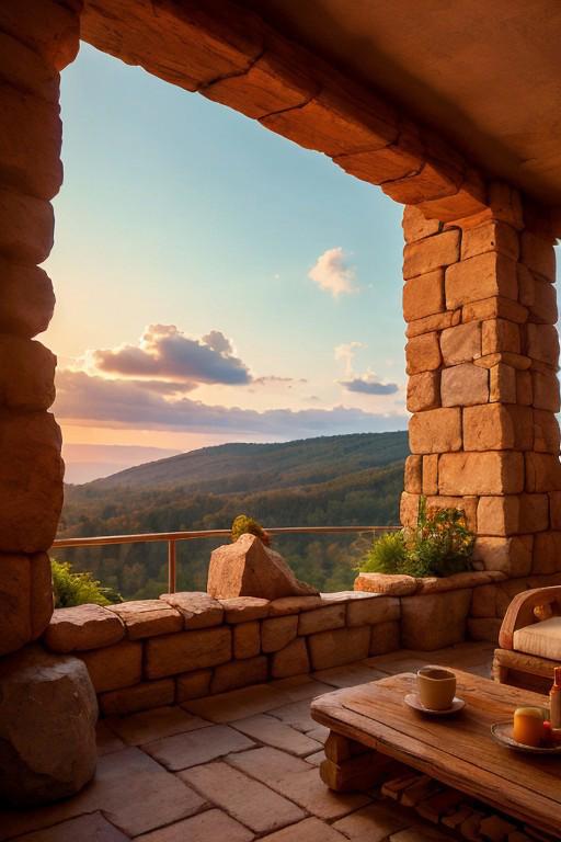 stonepunkAI, tranquil hotel balcony design, calm, brick wall, hieroglyphics, beautiful interior architecture, sun rays, perfect composition, volumetric lighting, ultra-detailed, very aesthetic, UHD 5k, early morning, sunrise sky, beautiful landscape,