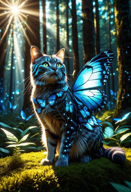 a majestic cat with butterfly wings and cybernetic butterfly patterns on its fur, intricate glowing lines tracing along its body, iridescent reflections on metallic fur strands, perched in a futuristic forest with light rays filtering through bioluminescent trees, ultra-detailed face with sharp eyes reflecting light, shallow depth of field, glowing ambient particles, cinematic lighting, high contrast, dramatic shadows, lens flares and soft bloom, hyperrealistic textures, butterflyStyle