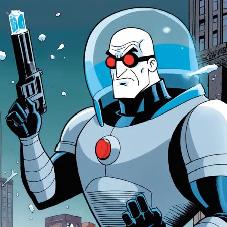 comic book art of  <lora:Mr. Freeze:1.2>
Mr. Freeze a cartoon character holding a frozen ice cold gun In Gotham City, comic art, graphic novel illustration