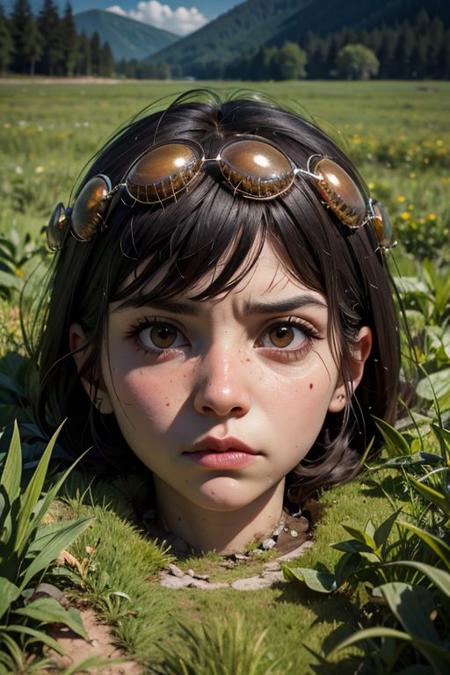 dalle like art, dream like imagry, large head in middle of grass field, Trypophobia, face looking in horror as botfly holes emerge from cheek, melting landscape, eerie imagary