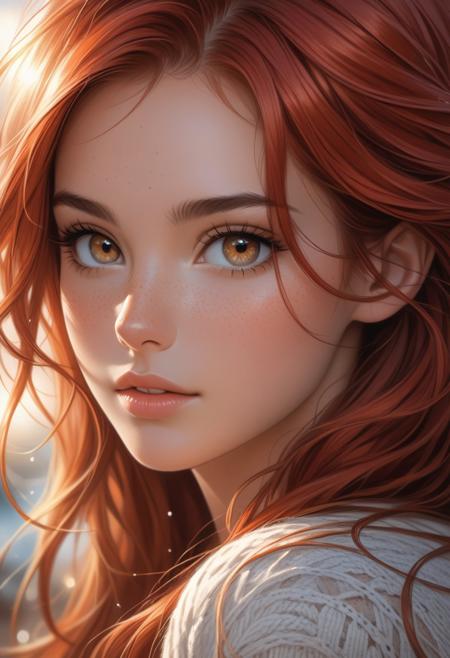 A realistic close-up digital painting of a Norwegian girl with vibrant red hair cascading in soft waves around her face. Her delicate freckles are sprinkled across her cheeks and nose, giving her a youthful and natural look. She gazes directly at the viewer with intense, mesmerizing eyes, the painting's focus on her clear, bright eyes framed by long, detailed eyelashes. Her lips are softly parted, revealing a hint of her open mouth, adding to the intimate nature of the portrait.
Her beautiful features are rendered with lifelike detail, capturing the essence of youthfulness and innocence. The background is softly blurred with a bokeh effect, drawing full attention to her face and creating a gentle contrast between her sharp features and the soft light around her. The warm tones of her hair and complexion are subtly enhanced, giving the image a harmonious, serene feel. This artwork captures the beauty of simplicity, focusing on the fine details of her expression, hair, and skin.