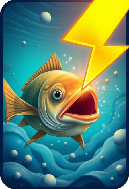 a realistic fish in the sea is shocked by a yellow bolt icon