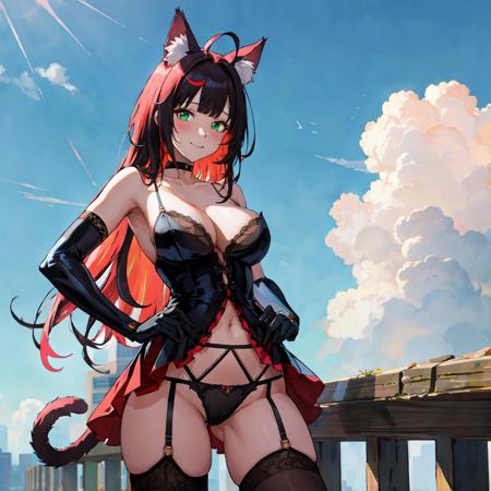 2girls, ahoge, animal_ear_fluff, animal_ears, ass_visible_through_thighs, bangs, bare_shoulders, bdsm, black_gloves, black_hair, black_legwear, blunt_bangs, blush, breasts, bridal_gauntlets, cat_ears, cat_girl, cat_tail, choker, cleavage, cloud, collarbone, cowboy_shot, cuffs, day, dress, elbow_gloves, garter_belt, garter_straps, gloves, green_eyes, hand_on_hip, large_breasts, lingerie, long_hair, looking_at_viewer, medium_breasts, multicolored_hair, multiple_girls, navel, nipples, o-ring, outside_border, red_hair, skindentation, sky, smile, standing, stomach, streaked_hair, tail, thighhighs, thighs, underwear, white_legwear
(Masterpiece, Hypermaximalist, Maximalism, Best Quality, 8k, Highres, Absurdres, 4k, High Quality, Ultra High Res, Highest Quality, Ultra Detailed, 8k Uhd, Realistic, Highly Detailed, Ultra-Detailed:1.0),
(Cinematic Lighting, Hdr, Raw Photo, Sharp Focus, Photorealistic, Realistic:1.0),