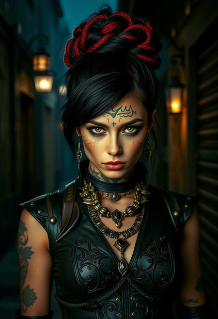 The image portrays a striking young woman with a commanding presence, standing in a dimly lit, atmospheric urban setting. Her dark hair is styled in an intricate updo with woven red accents, creating a dramatic contrast. Her face is adorned with ornate tattoos and tribal-like designs that radiate from her forehead and cheeks, emphasizing her enigmatic aura. She wears a high-neck leather outfit with intricate patterns, complemented by layered, antique jewelry featuring bold gemstones. Her piercing golden eyes convey intensity and mystery, while her surroundings—a shadowy, narrow street lined with weathered architecture and faint lantern light—enhance the scene's moody, steampunk-inspired aesthetic.