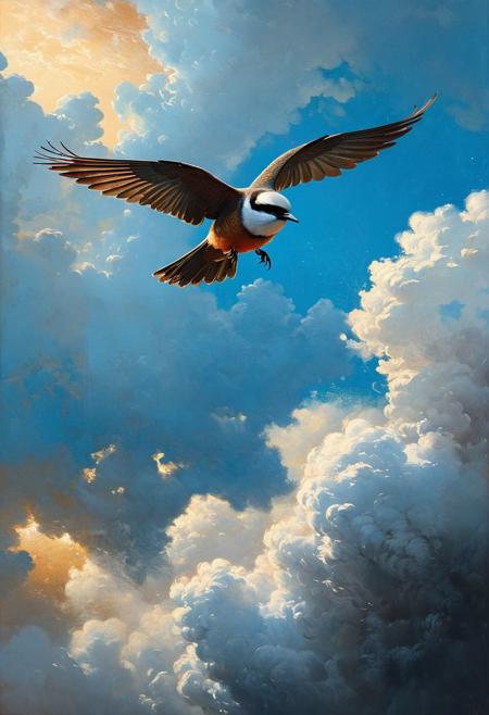(A bird flying in the clouds) (ingenious opus magnum by Michael Vincent Manalo and Elvira Vigna:1.2), (pastel oil painting:0.1), high key with glistening light, cosmic anddireful and dramatic atmosphere, (zestful quinacridone nickel azo gold and electricblue color swatch:0.1), raw details, crisp details, bokeh lights, <lora:xl_more_art-full_v1:0.6> ,analog photo, full body,, tall height, against the rise in the background, , , epic clouds, (oil on canvas:0.2), , art by Jeremy Mann, god rays, dramatic light,    ,  (art by Eduard Wilhelm Pose and Master of the Holy Blood and Ivan Bilibin:1.1), (oxygen-rich air and sheltered atmosphere,, aesthetic of hard - edge painting:0.1), symmetry and balance, pioneering unparalleled masterwork with superior details, <lora:MJ52:0.90> <lora:xl_more_art-full_v1:0.4> <lora:RMSDXL_Creative:1>,(skin texture),masterpiece, top quality, best quality, official art,highest detailed,,atmospheric lighting, cinematic composition,complex multiple subjects, 4k HDRvaporwave style , , cyberpunk, vibrant, neon colors, , highly detailed,,,Leica Q2 with Summilux 35mm f/1.2 ASPH, ,clear face, Ultra High Resolution, wallpaper, 8K,Rich texture details, hyper detailed, detailed eyes, detailed background, dramatic angle,