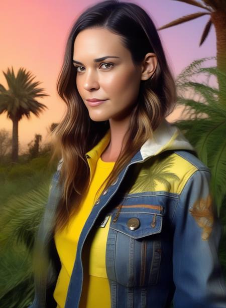 OdetteAnnable, portrait, garden with Palm tree,close up of a Biopunk Female Aasimar, Tutoring, wearing Moist Digital Age Planet Saturn Mustard Denim jacket and leggings, fluorescent trees, FOV 90 degrees, Neo-Primitivism, <lora:OdetteAnnableSDXL:1>