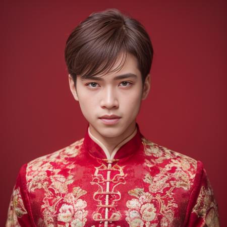 (8k, RAW photo, best quality, masterpiece:1.2), (realistic, photo-realistic:1.4), ultra-detailed, (young male internet celebrity),perfect detail ,  make up,(upper body shot:1.1),China Jiangnan water town style, a man, a dress with a red and gold pattern on it<lora:nzshs-10:0.8>