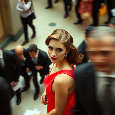 A photograph of an elegant woman walking through crowd, blurred motion, shot from high above, wearing super bright neon red color cocktail dress, detailed expression, background shows other people moving around in black and white suits, Leica M3 film camera --aspect 1:1