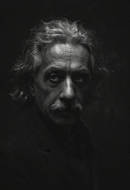 dark photo, portrait of Albert Einstein, vignette, highly detailed, moody, epic, gorgeous, film, atmospheric haze, dynamic lighting, award winning photo