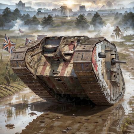 RAW photo, a military mkiv17 with camouflage, white numbers and a flag painted on mk1iv7 side, (a group of british soldiers carrying the union jack flag:1.2), moving through a muddy field under heavy rain, the great war, heroism, patriotism, propaganda, inspirational, Verdun, Ypres, Passchendaele, explosions, artillery, smoke, mist, chaos, fire, war, zoomed out, war photography, smoke, craters, ruins, cinematic, lens flare, mud projection, 8k uhd, dslr, soft lighting, high quality, film grain, Fujifilm XT3, ultra realistic, metallic, reflection, <lora:mkiv17_v1:1>