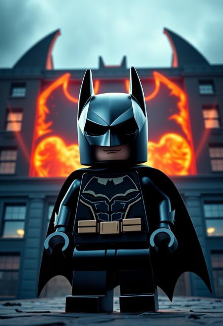 "Hyper-realistic parody movie poster in the style of the classic film dark knight batman, but with a adorable twist. lego batman is standing in front of building, the building is on fire with the bat symbol shape. Style: extremely detailed, hyper-realistic, and humorously adorable, with a focus on capturing the playful, lighthearted atmosphere of a parody poster."